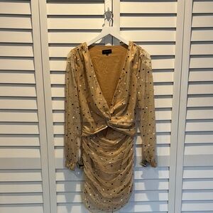 MAJORELLE NWOT Gold Sequin Ruched Bodycon with cut out Dress.